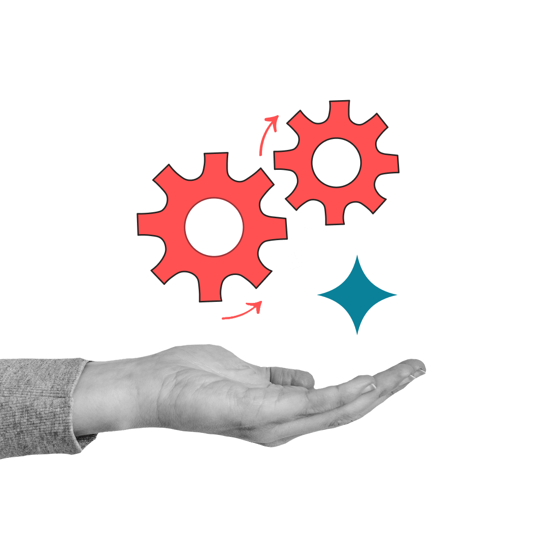 A hand holding automation gears and an AI symbol